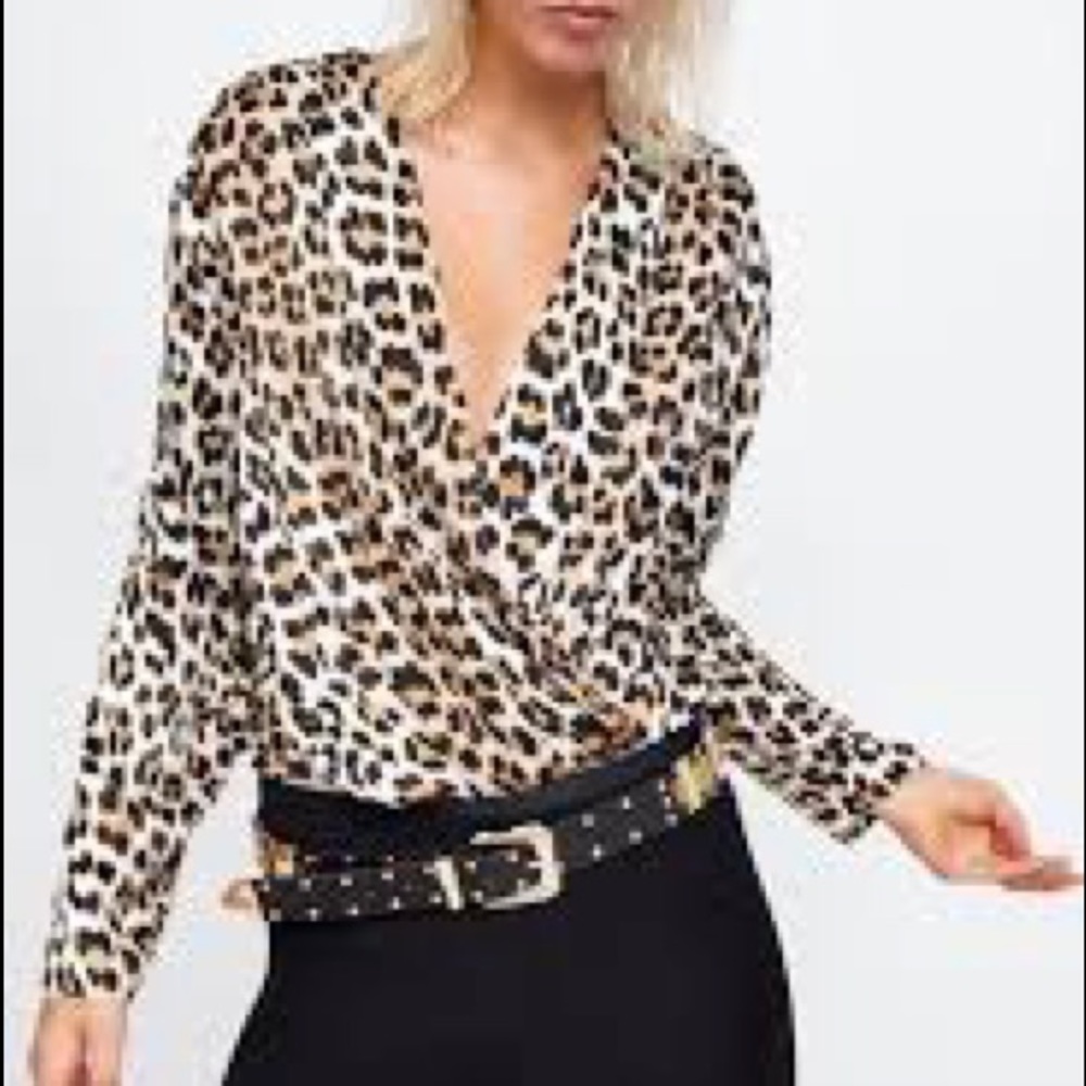 Zara Leopard Print crossover Body Suit, deep V, large // worn once // like new